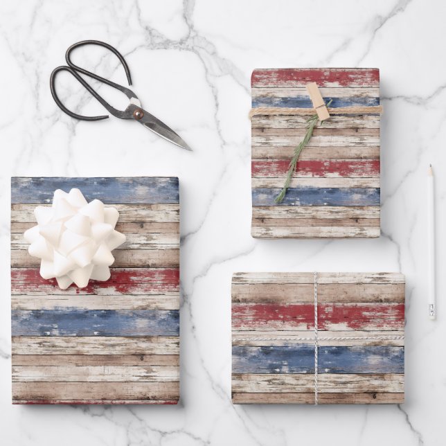 Rustikale Flagge der USA patriotisch blau und rot  Geschenkpapier Set (Vorderseite)