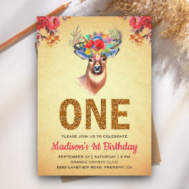 Rustikale Flora Boho Deer Erster Geburtstag Einlad Einladung