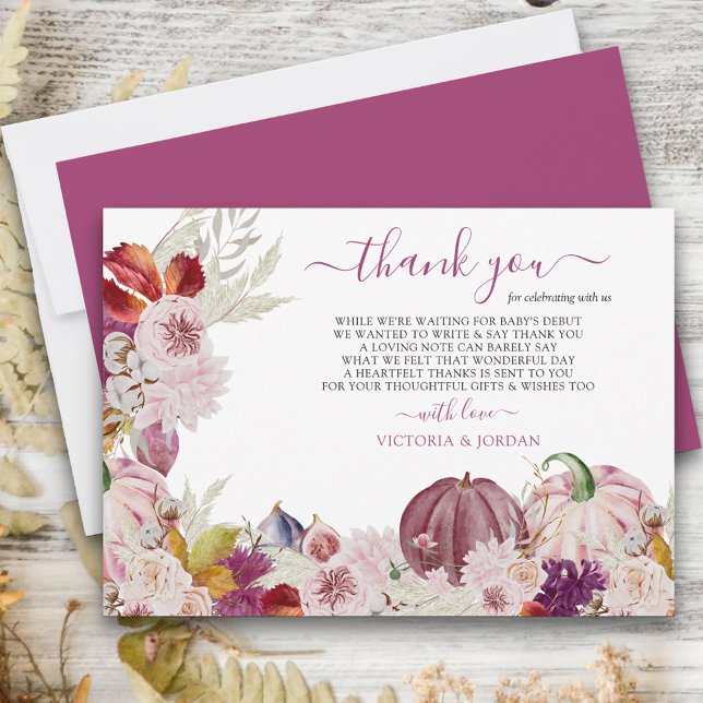 Rustikale Flora und Pink Pumpkin Dankeskarte (Fall thank you card with poem, autumn leaves and pink pumpkins)