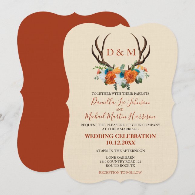 Rustikale Floral Antlers BOHO Wedding Einladung (Vorne/Hinten)
