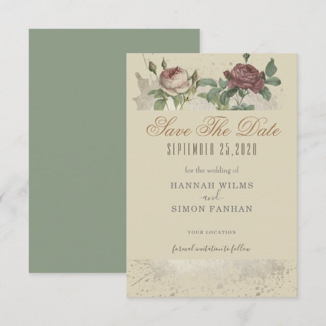 Rustikale floral Burgundy Marsala Save the Date Ka (Vorne/Hinten)