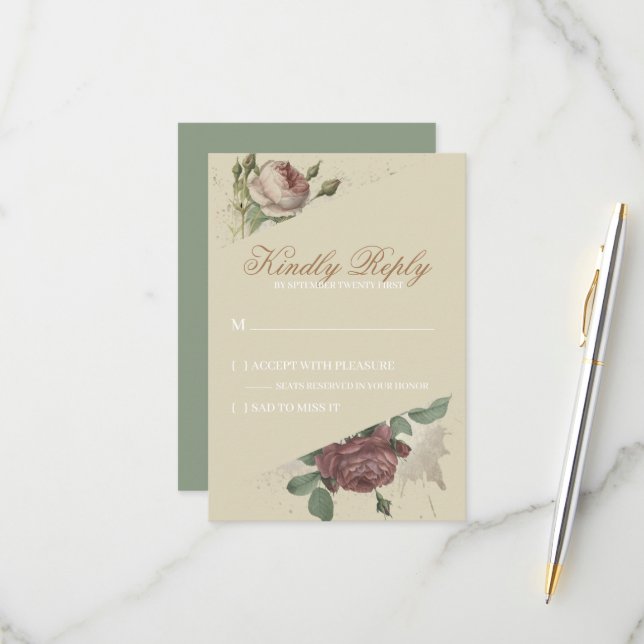 Rustikale florale Burgund Marsala Blush Rose Moder RSVP Karte (Vorderseite/Rückseite Beispiel)