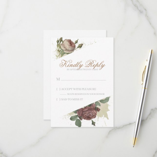 Rustikale florale Burgund Marsala Blush Rose Moder RSVP Karte (Vorderseite/Rückseite Beispiel)