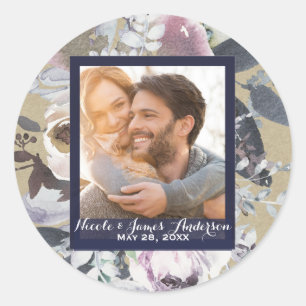 Rustikale Florale Glam Navy Kraft Foto Hochzeitsgu Runder Aufkleber