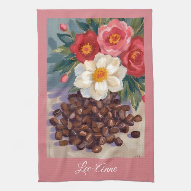 Rustikale florale Kaffeebohnen in Aquarell   Geschirrtuch (Vertikal)