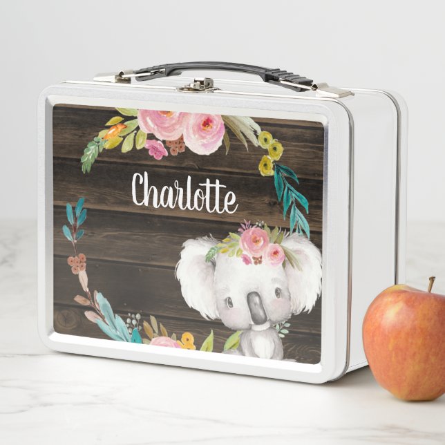 Rustikale, florale Koala Personalisiert Girls Metall Brotdose (Beispiel)