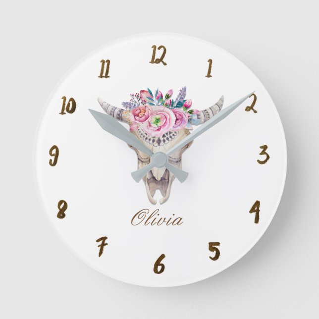 Rustikale, florale Kuh Schädelhorn Mädchen Persona Runde Wanduhr (Vorderseite)