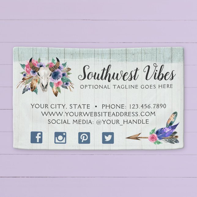 Rustikale, florale Kuh Skull Wasserfarbe Holz Boho Banner (Von Creator hochgeladen)