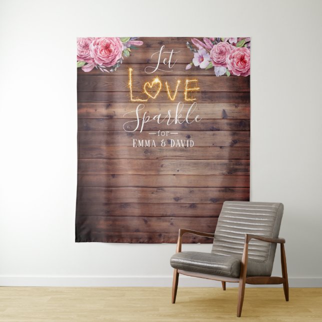 Rustikale, florale Liebe Sparkle Hochzeit Hintergr Wandteppich (Beispiel)