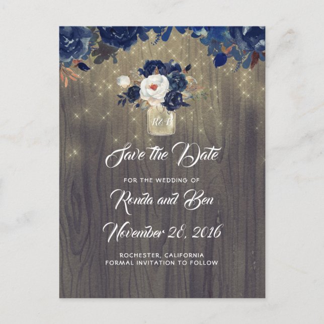 Rustikale florale Marine Mason Jar Save the Date Ankündigungspostkarte (Vorderseite)