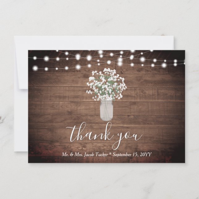 Rustikale florale Mason Jar Lights Hochzeit Vielen Dankeskarte (Vorderseite)