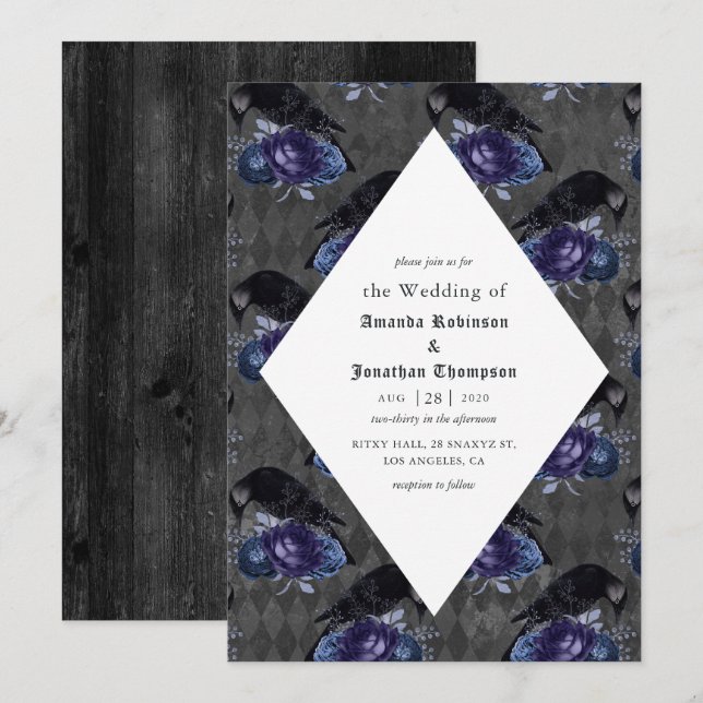 Rustikale, florale Raven Gothic-Hochzeit Einladung (Vorne/Hinten)