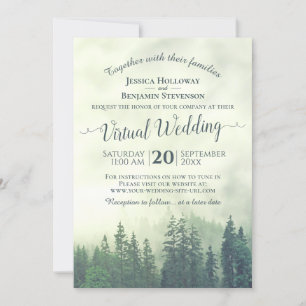 Rustikale Foggy Green Pine Forest Virtual Wedding Einladung
