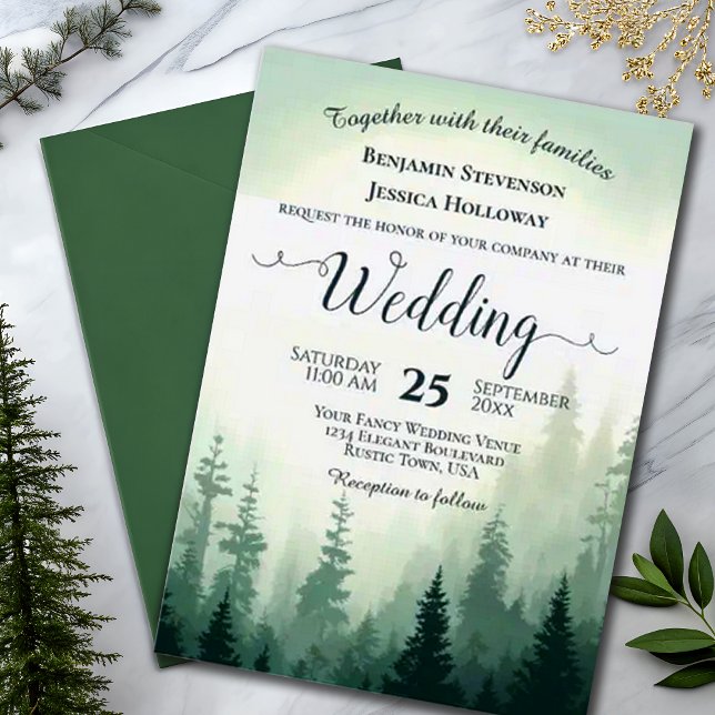 Rustikale Foggy Woodland Adventure Pines Wedding Einladung (Von Creator hochgeladen)