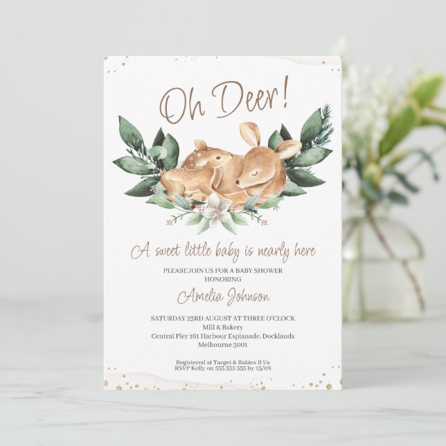 Rustikale Foliage Deer Fawn Baby Dusche Einladung (Stehend Vorderseite)