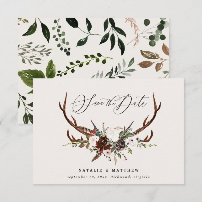 Rustikale Folien-Blumen- und Hirsch-Script-Hochzei Save The Date (Vorne/Hinten)