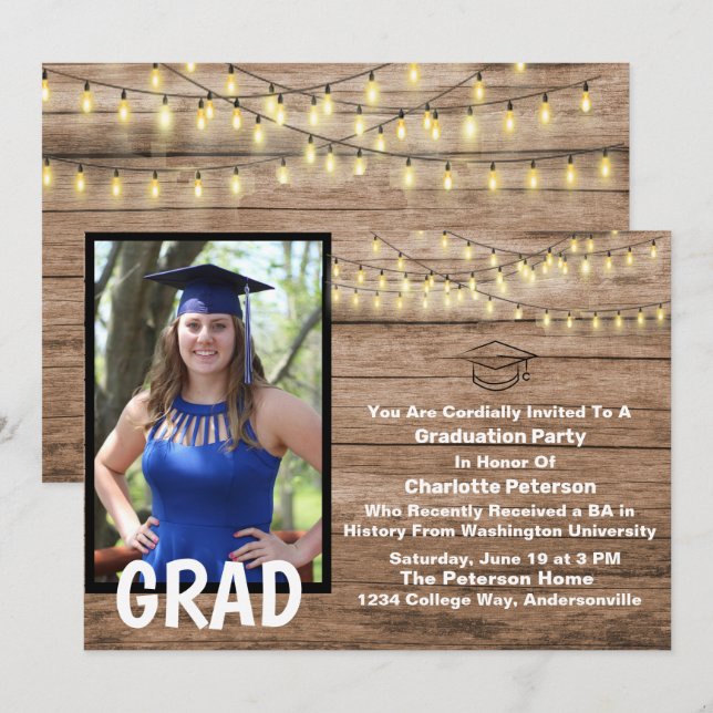 Rustikale Foto-Graduierungsparty für Holz und Stri Einladung (Vorne/Hinten)