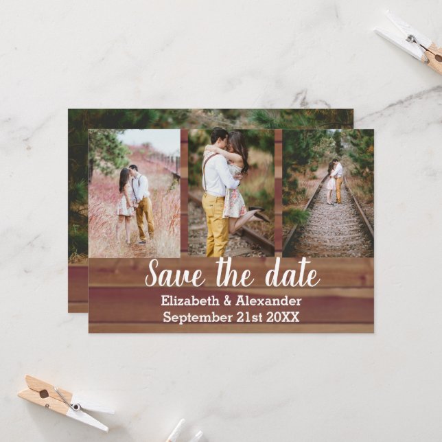 Rustikale Fotocollage Save The Date Karte (Vorderseite/Rückseite Beispiel)