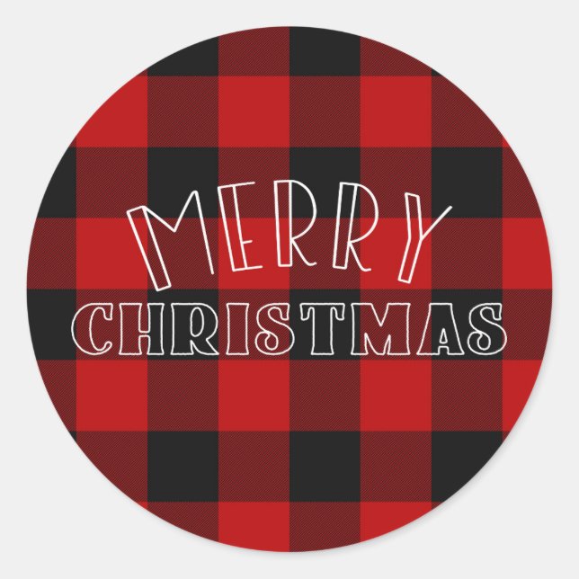Rustikale frohe Weihnachten Roter Karierter Feiert Runder Aufkleber (Vorderseite)