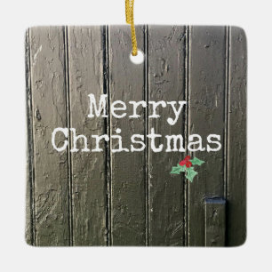 Rustikale frohe Weihnachts-Holly-Foto-Pferdezucht Keramikornament