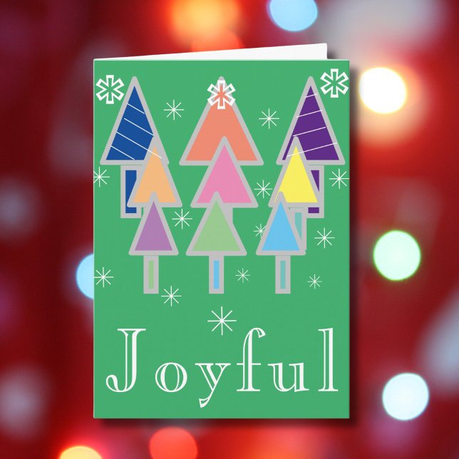 Rustikale, fröhliche Weihnachtsschrift Name Grün W Karte ('Joyful' green holiday card with colorful abstract art Christmas trees.)