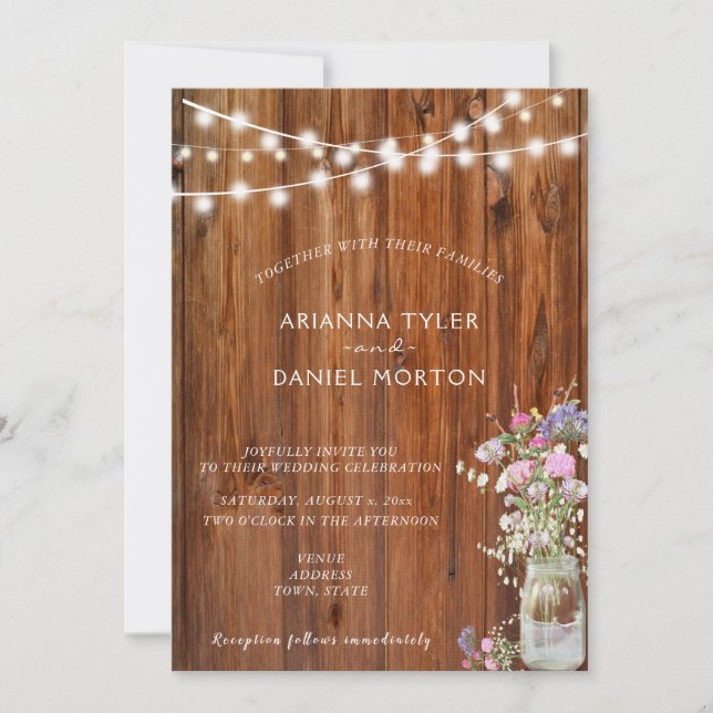 Rustikale Frühlingsblumen Mason Jar String Lights Einladung (Vorderseite)