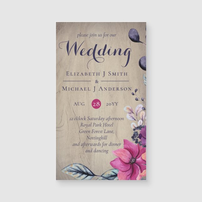 Rustikale Fuchsia Floral Woodland Wedding Magnetkarte (Vorderseite)