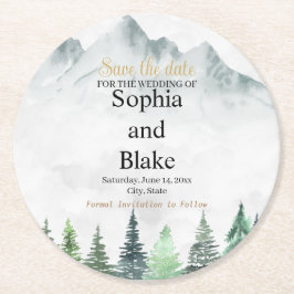 Rustikale Gebirge und Waldwasserfarbe Save the Dat Runder Pappuntersetzer