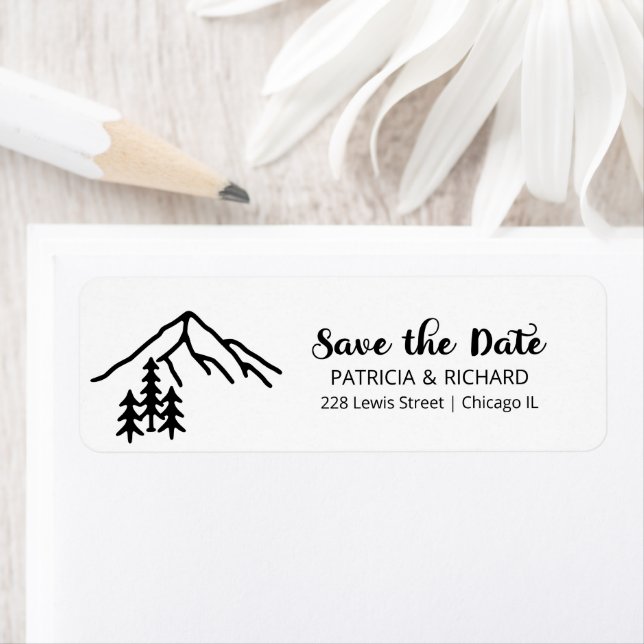 Rustikale Gebirgs-Hochzeit Save The Date Etikett (Insitu)