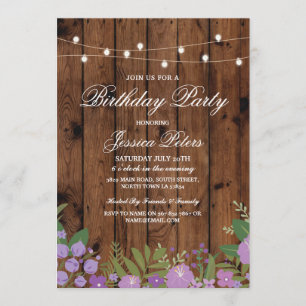 Rustikale Geburtstagsparty Lila Blumenholz Einladu Einladung