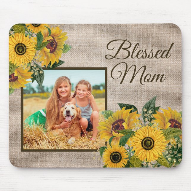 Rustikale Gelbblüten Burlap Mama Foto Mousepad (Vorne)