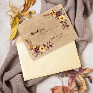 Rustikale gelbe Burgunder-Hochzeits-Dankeskarten Postkarte