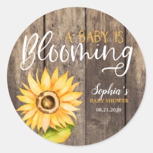 Rustikale gelbe Sonnenblume-Babyparty-Bevorzugung Runder Aufkleber