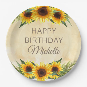 Rustikale gelbe Sonnenblumen zum Happy Birthday Pappteller