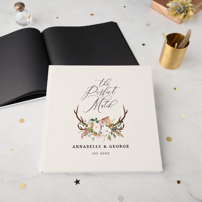 Rustikale Geweih-Blumen-Hochzeit-Boho-Wald-Gast B Gästebuch (Vorderseite offen)