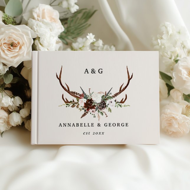 Rustikale Geweih-Blumen-Hochzeit Boho-Waldland Gästebuch (Von Creator hochgeladen)