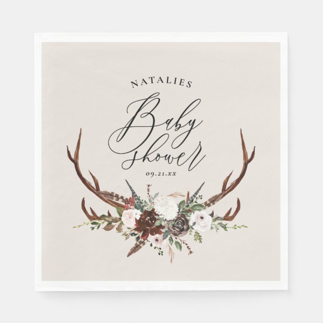 Rustikale Geweihe Aquarell Blütenspülung Babydusch Serviette (Vorderseite)