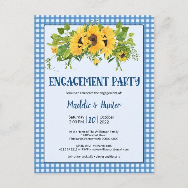 Rustikale Gingham & Sunflowers Engagement Party Einladungspostkarte (Vorderseite)