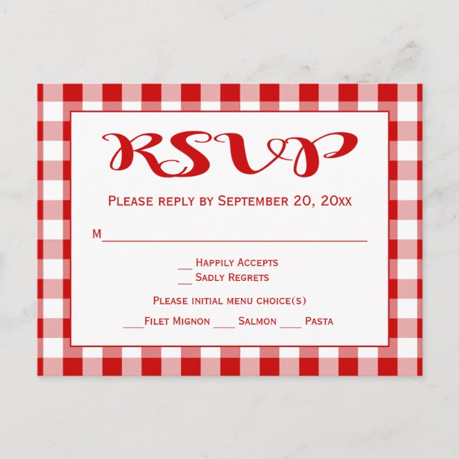Rustikale Gingham UAWG Wedding Red and White Karos Einladungspostkarte (Vorderseite)