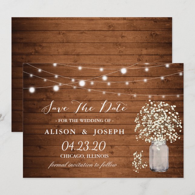 Rustikale Gipskraut-Lichter Hochzeit speichern das Save The Date (Vorne/Hinten)