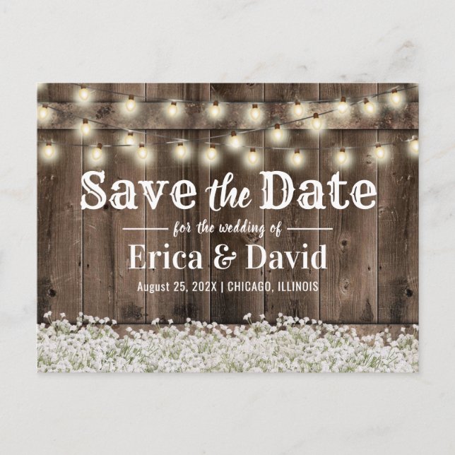 Rustikale Gipskraut-String-Lichter Save the Date Ankündigungspostkarte (Vorderseite)