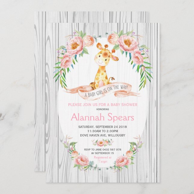 Rustikale Giraffe Rosa Blütendusche Einladungen (Vorne/Hinten)