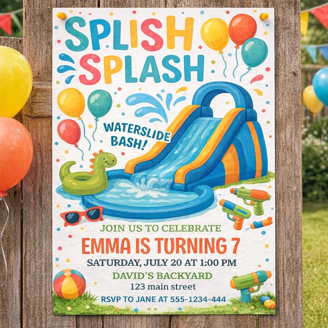 Rustikale Girl-Bestätigung Einladung (Splash Splash Birthday Invitation Water Slide Pool Party for Kids)
