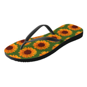 Rustikale Girls Orange und grünes Sonnenblumenmust Flip Flops