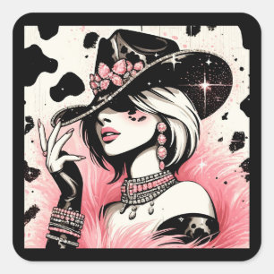 Rustikale Glam Cowgirl Rosa Glitzernde Kuhhaut Geb Quadratischer Aufkleber