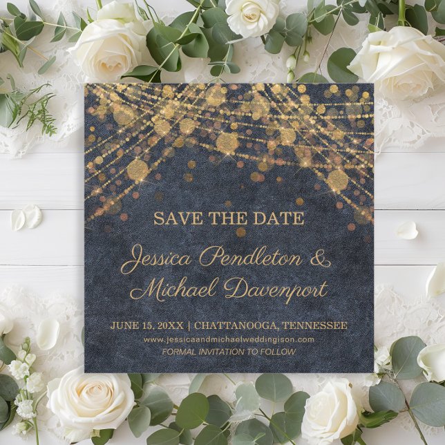 Rustikale Glamour Gold-Lichterkette Save-the-Date- (Rustic glam navy blue and gold string lights wedding Save the Date card)