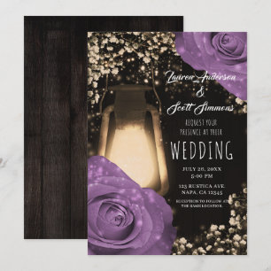 Rustikale Glow-Laterne Flieder Lila Rosen Hochzeit Einladung