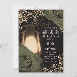 Rustikale Glow-Laterne Olive Sage Rosen Sweet 16 Einladung