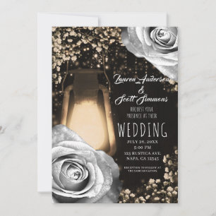 Rustikale Glow-Laterne Silber Grau Rosen Hochzeit Einladung