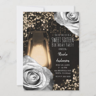 Rustikale Glow-Laterne Silber Grau Rosen Sweet 16 Einladung